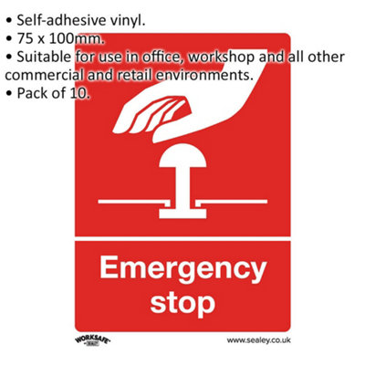 10x EMERGENCY STOP Health & Safety Sign - Self Adhesive 75 x 100mm Sticker