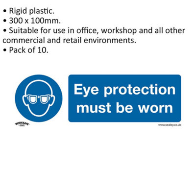 10x EYE PROTECTION MUST BE WORN Safety Sign - Rigid Plastic 300 x 100mm Warning