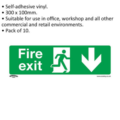 10x FIRE EXIT (DOWN) Health & Safety Sign Self Adhesive 300 x 100mm Sticker