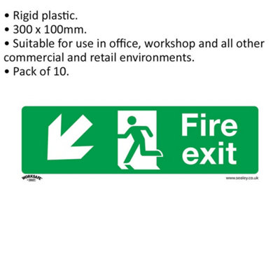 10x FIRE EXIT (DOWN LEFT) Health & Safety Sign Rigid Plastic 300 x 100mm Warning