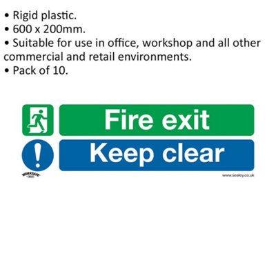 10x FIRE EXIT KEEP CLEAR Health & Safety Sign Rigid Plastic 600 x 200mm Warning