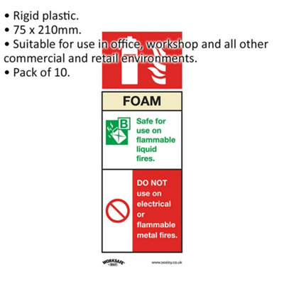 10x FOAM FIRE EXTINGUISHER Safety Sign - Rigid Plastic 75 x 210mm Warning