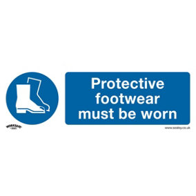 10x FOOT PROTECTION MUST BE WORN Safety Sign - Self Adhesive 300 x 100mm Sticker