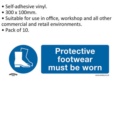 10x FOOT PROTECTION MUST BE WORN Safety Sign - Self Adhesive 300 x 100mm Sticker