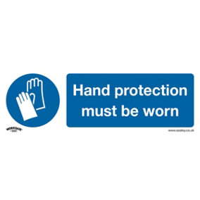 10x HAND PROTECTION MUST BE WORN Safety Sign - Self Adhesive 300 x 100mm Sticker