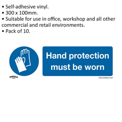 10x HAND PROTECTION MUST BE WORN Safety Sign - Self Adhesive 300 x 100mm Sticker