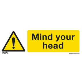 10x MIND YOUR HEAD Health & Safety Sign - Self Adhesive 300 x 100mm Sticker