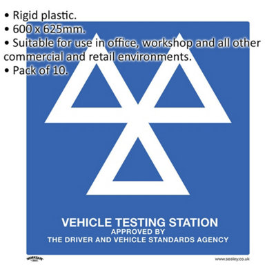 10x MOT TESTING STATION Safety Sign - Rigid Plastic 600 x 625mm Warning Plate
