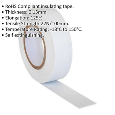 10x White PVC Insulation Tape - 19mm x 20m Self Extinguishing Electrical Wire