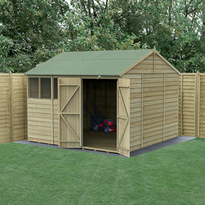 10x10 4LIFE Reverse Apex Shed 25yr Guarantee Overlap Pressure Treated - Double Door - 4 Windows