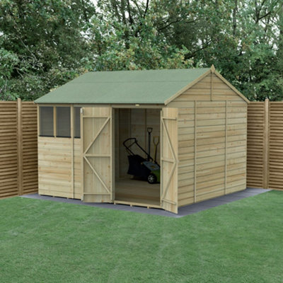 10x10 Reverse Apex Shed Beckwood 25yr Guarantee Shiplap Pressure Treated - 4 Windows - Double Door