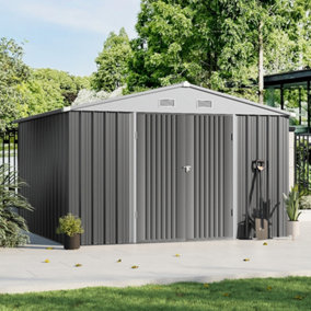 10x10ft Grey Outdoor Metal Garden Storage Shed Tool Storage Shed with Sloped Roof Ventilation Slots