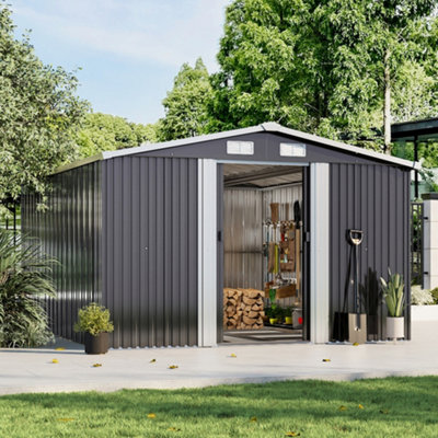 10x12 ft Apex Roof Garden Metal Shed Furniture Storage Tool Shed with Lockable Door, Black