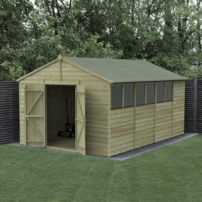 10x15 Apex Beckwood Shed 25yr Guarantee Shiplap Pressure Treated - 6 Windows - Double Door