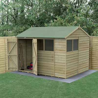 10x8  4LIFE Reverse Apex Shed 25yr Guarantee Overlap Pressure Treated  - Double Door - 4 Windows