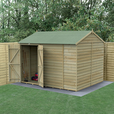10x8  4LIFE Reverse Apex Shed 25yr Guarantee Overlap Pressure Treated  - Double Door - No Windows