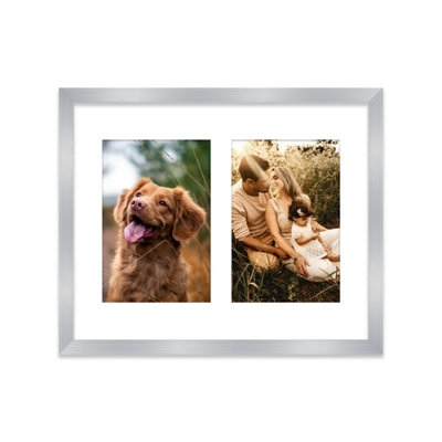 10x8 Inch 2 Opening Photo Collage Frame, Display Two 6x4 Inch Photos, Multi Aperture Family Picture Frame, Silver