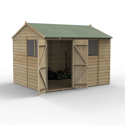 10x8 Reverse Apex Shed Beckwood 25yr Guarantee Shiplap Pressure Treated - 4 Windows - Double Door