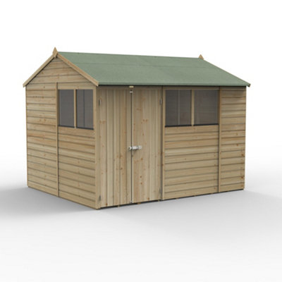 10x8 Reverse Apex Shed Beckwood 25yr Guarantee Shiplap Pressure Treated - 4 Windows - Double Door