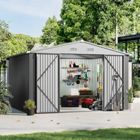 10x8ft Apex Roof Grey Waterproof Outdoor Metal Shed Garden Storage Shed with Lockable Door