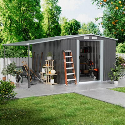 10x8ft Metal Shed Garden Storage Shed Apex Roof Double Door with Sun Shade
