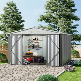 10x8ft Metal Shed Garden Storage Shed Apex Roof Double Lockable Door without Base,Grey