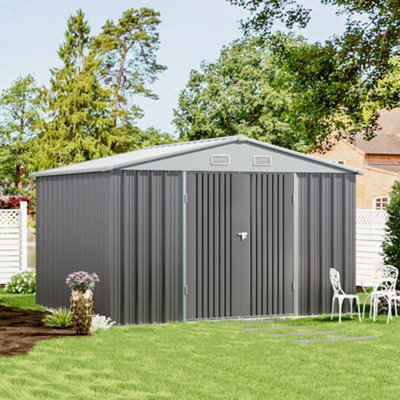 10x8ft Metal Shed Garden Storage Shed Apex Roof Double Lockable Door without Base,Grey