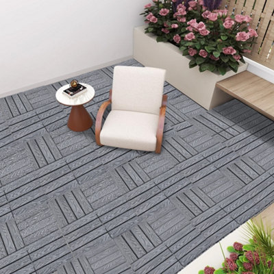 11 Pack Square Interlocking Wood Grain Composite WPC Garden Decking Tiles Dark Grey 30 x 30cm