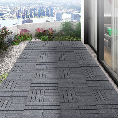 11 Pack Square Interlocking Wood Grain Composite WPC Garden Decking Tiles Dark Grey 30 x 30cm