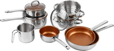 11 Piece Stainless Steel Kitchen Cookware Set - Dishwasher & Oven Safe Set with Copper Non-Stick Coating - Suitable for All Hobs