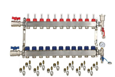 11 Ports Stainless Steel UFH Manifold with 15mm Pipe Connections