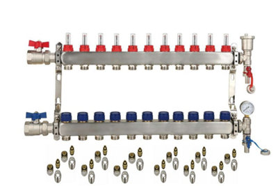 11 Ports Stainless Steel UFH Manifold with 15mm Pipe Connections, 1 inch Ball Valves, Automatic Air Vent & Pressure Gauge