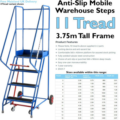 11 Tread Portable Warehouse Safety Ladder with Anti-Slip Steps - 3.75m ...