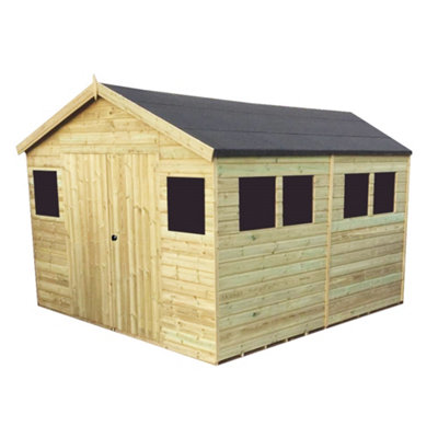 11 x 10 Pressure Treated T&G Wooden Apex Garden Shed / Workshop + 6 Windows + Double Doors (11' x 10' / 11ft x 10ft) (11x10)