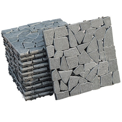11 x Flat Cut Grey Rock Stone Interlocking Floor Decking Tiles Outdoor Garden