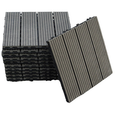 11 x WPC Stripe Composite Black Interlocking Floor Decking Tiles Outdoor Garden