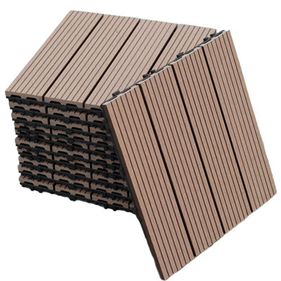 11 x WPC Stripe Composite Coffee Interlocking Floor Decking Tiles Outdoor Garden