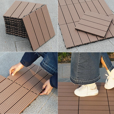 11 x WPC Stripe Composite Coffee Interlocking Floor Decking Tiles Outdoor Garden
