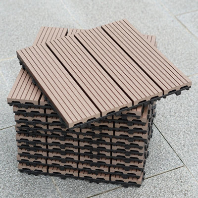 11 x WPC Stripe Composite Coffee Interlocking Floor Decking Tiles Outdoor Garden