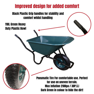 110 Litre 150kg Capacity Heavy Duty Outdoor Pneumatic Plastic Garden Wheelbarrow in Green - 4