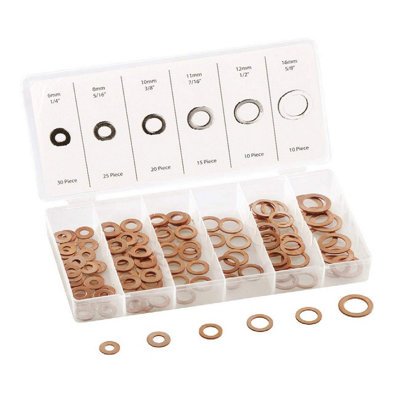 110 x Assorted Copper Ring Washers 6-16mm for Sump Plugs and Hydraulic Fittings