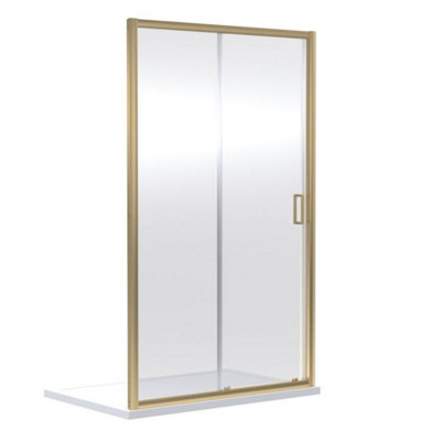 Dezine 6mm Brushed Brass 1400 X 900mm Sliding Door Shower Enclosure With Shower Tray And Waste from B&Q