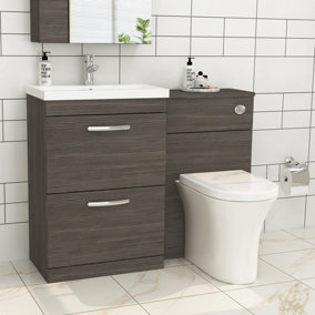 1100mm Grey Elm 2 Drawer Furniture Pack with Mid Edge Basin & Breeze Back to Wall Toilet
