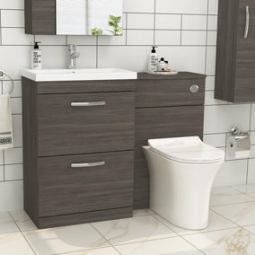 1100mm Grey Elm 2 Drawer Furniture Pack with Mid Edge Basin & Slim Breeze Back to Wall Toilet