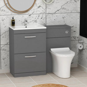 1100mm Indigo Grey Gloss 2 Drawer Furniture Pack with Minimalist Basin & Slim Breeze Back to Wall Toilet