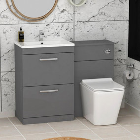 1100mm Indigo Grey Gloss 2 Drawer Furniture Pack with Minimalist Basin & Slim Elena Back to Wall Toilet