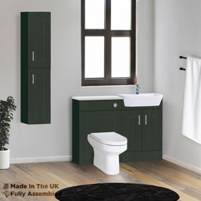 1100mm Set With Gloss White Worktop, BTW WC And Cistern, 1TH S/R Basin - Cambridge Solid Wood Fir Green