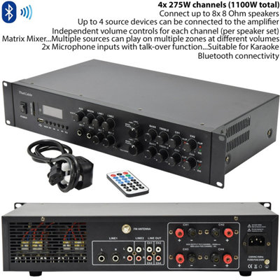 1100W Bluetooth Sound System & 4x 140W In Wall Speakers - 4 Zone Multi Room Amp - 3