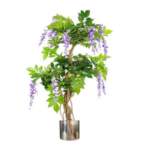 110cm Artificial Purple Wisteria Tree with Silver Metal Planter