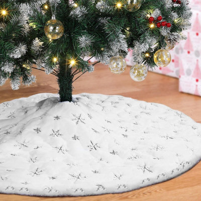 110CM Snowflake Plush Tree Skirt Silver/White